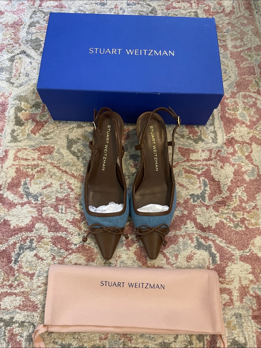 Stuart Weitzman Kitty Slingback Linen/Hazel Vintage Denim Pumps Size 7